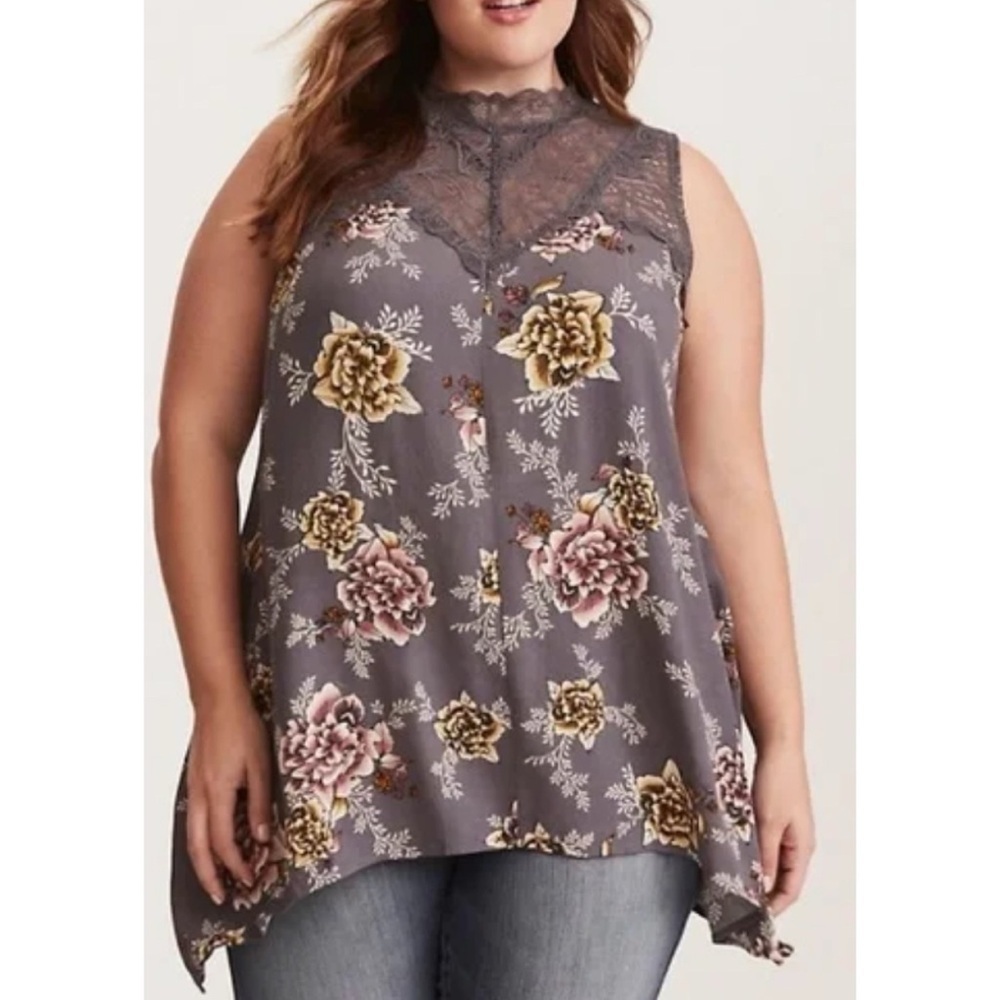 Torrid Gray Floral Illusion Sharkbite Lace Tank Top